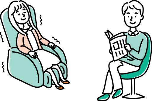 マッサージ機を利用する女性、新聞を読む男性のイラスト