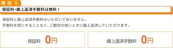 理由3:保証料・繰上返済手数料は無料! 保証料と繰上返済手数料はいただいておりません。手数料を気にすることなく、ご都合の良いときに繰上返済していただけます。 保証料0円 繰上返済手数料0円