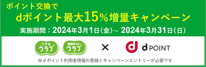 「ポイント交換でdポイント最大15％増量キャンペーン」実施期間：2024.3.1（金）～2024.3.31（日）