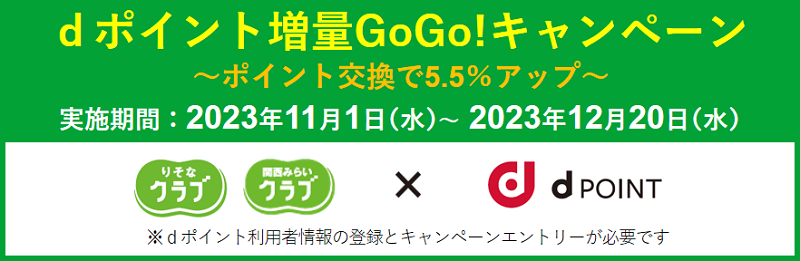 dポイント増量GoGo！キャンペーン ポイント交換で5.5％アップ　実施期間：2023年11月1日(水)～2023年12月20日(水)
