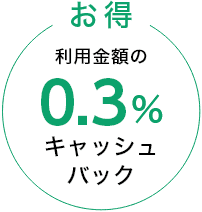 お得、利用金額の0.3%キャッシュバック