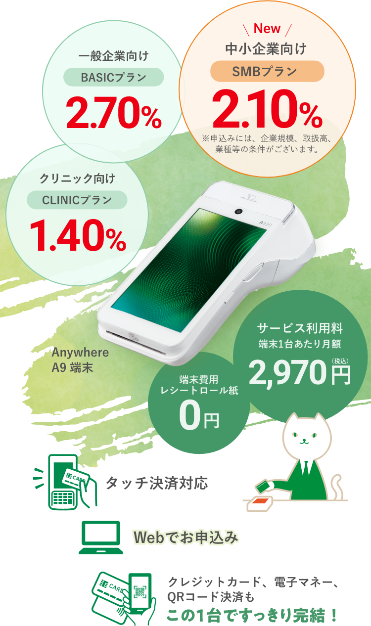Anywhere A9端末 端末費用レシートロール紙0円 タッチ決済対応 Webでお申込み 一般企業向け2.70% クリニックは1.40% 中小企業は2.10% サービス利用料2,970円/月（税込）クレジットカードも電子マネーもQRコード決済もこの1台ですっきり完結！