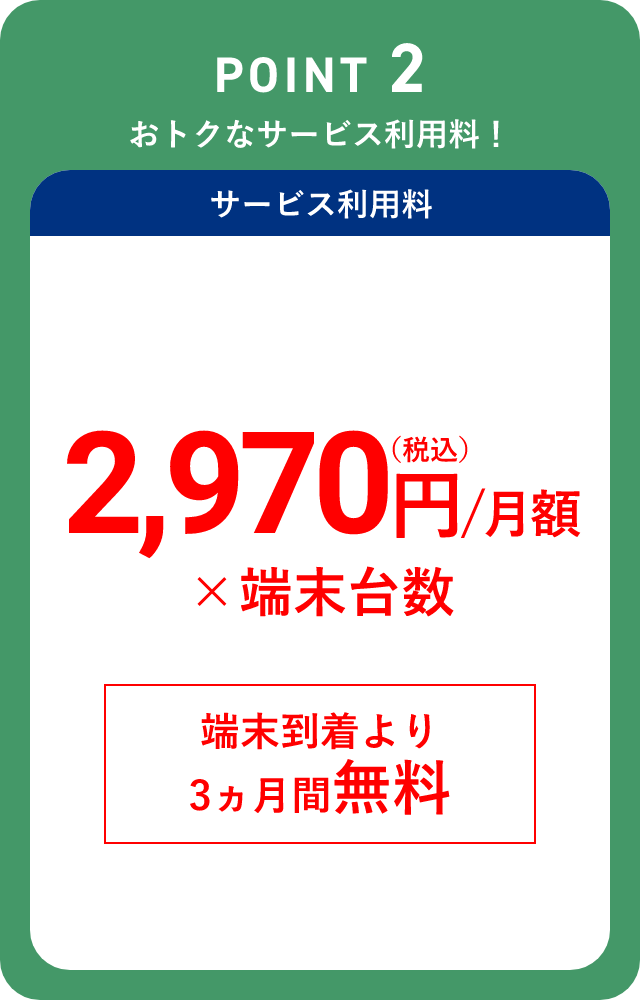 POINT 02 おトクなサービス利用料でご利用可能！サービス利用料 2,970円(消費税込)/月×端末台数 ※当初3ヵ月間 無料