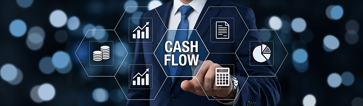 スーツ姿の人物が「CASH FLOW」と表示された六角形のアイコン群に指を伸ばしているイメージ画像