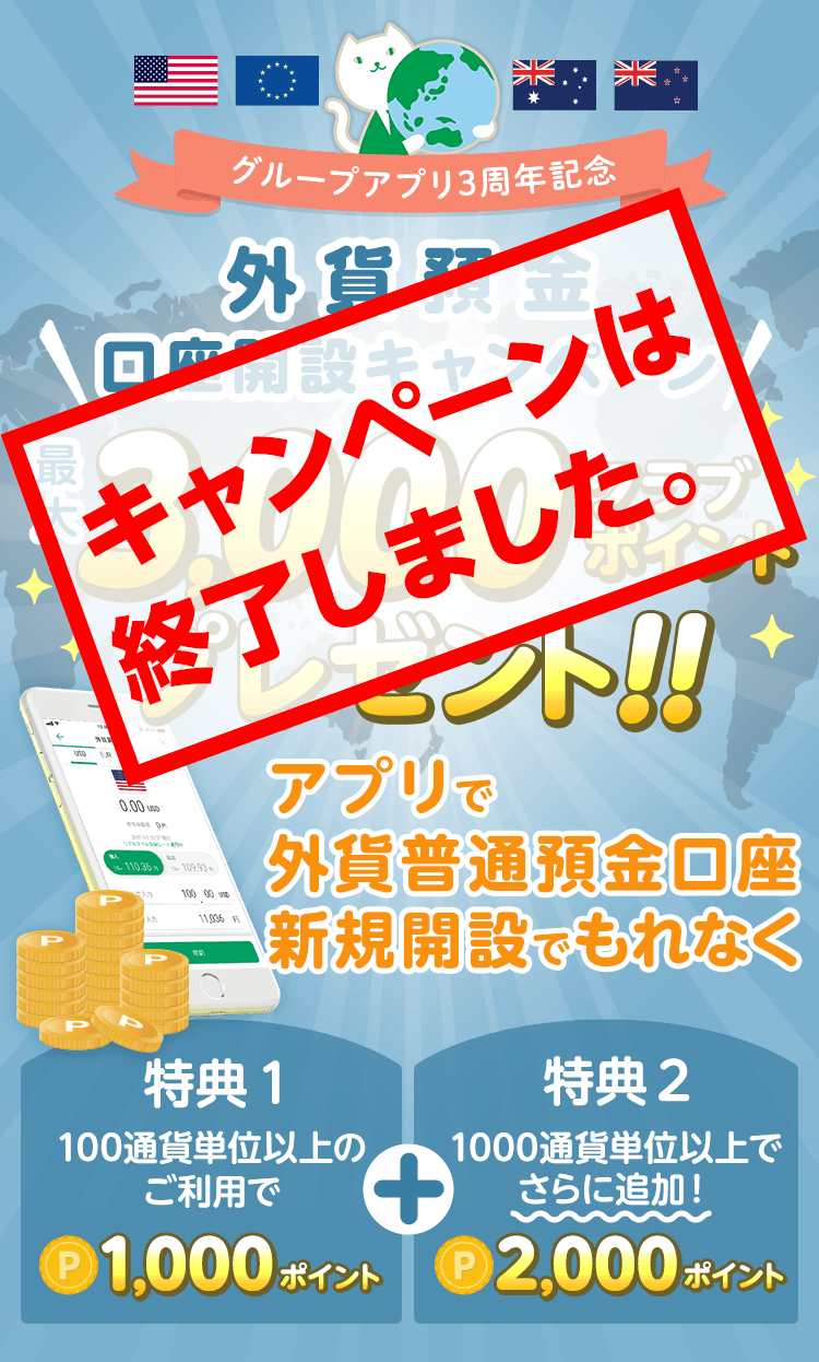 【グループアプリ3周年記念】外貨預金口座開設キャンペーン～アプリで外貨普通預金口座を新規開設でもれなく…最大3,000クラブポイントをプレゼント！【特典1】100通貨単位以上のご利用で1,000クラブポイントプレゼント＋【特典2】1,000通貨単位以上で2,000クラブポイントをさらに追加！