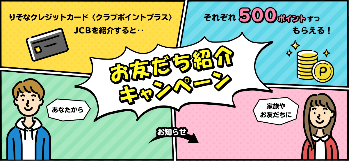 お友だち紹介キャンペーン りそなクレジットカード〈クラブポイントプラス〉JCBを紹介すると・・ それぞれ500ポイントずつもらえる！