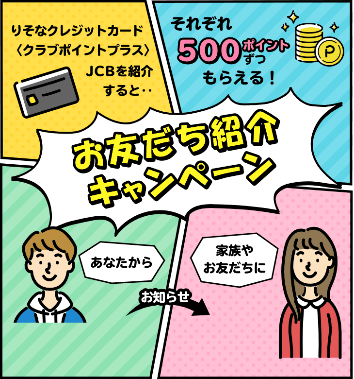 お友だち紹介キャンペーン りそなクレジットカード〈クラブポイントプラス〉JCBを紹介すると・・ それぞれ500ポイントずつもらえる！