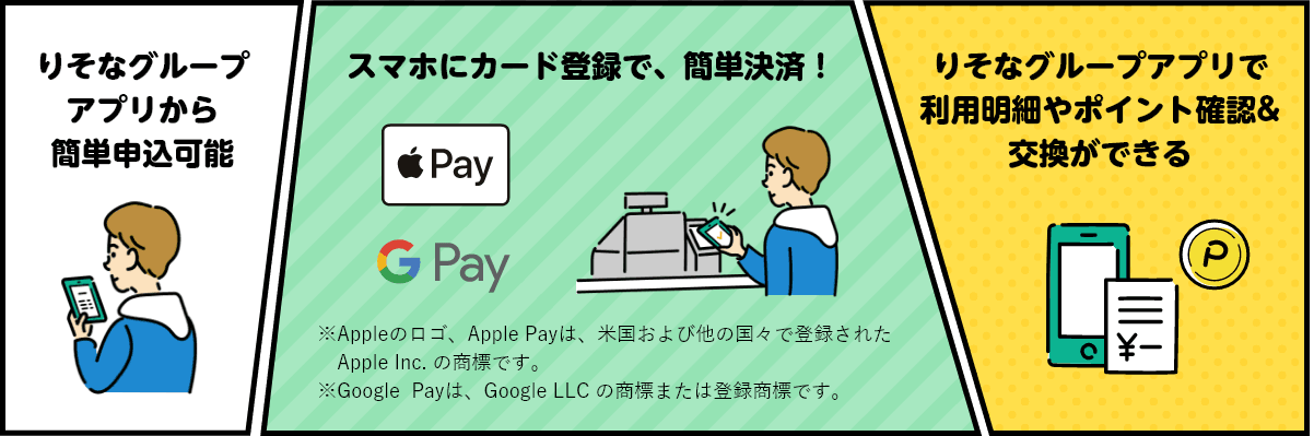 りそなグループアプリから簡単申込可能 スマホにカード登録で、簡単決済！ りそなグループアプリで利用明細やポイント確認&交換ができる