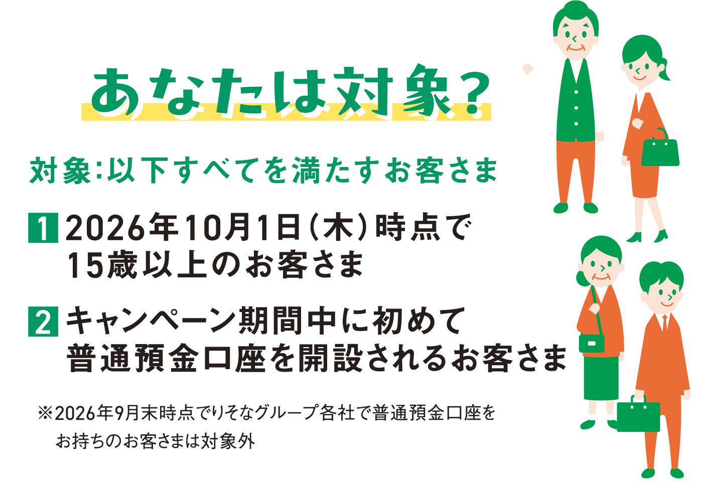 あなたは対象？　対象：対象：以下すべてを満たすお客さま　１：2026年10月1日（木）時点で15歳以上のお客さま　２：キャンペーン期間中に初めて普通預金口座を開設される方　※2026年9月末時点でりそなグループ各社で普通預金口座をお持ちのお客様は対象外