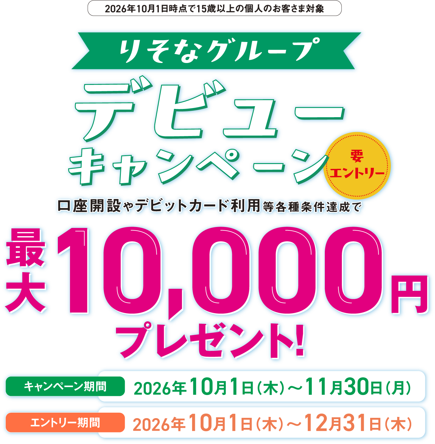 2026年10月1日時点で15歳以上の個人のお客様対象　りそなグループデビューキャンペーン　口座開設やデビットカード利用等各種条件達成で最大10,000円プレゼント！キャンペーン期間：2026年10月1日（木）〜11月30日（月）　エントリー期間：2026年10月1日（木）〜12月31日（木）