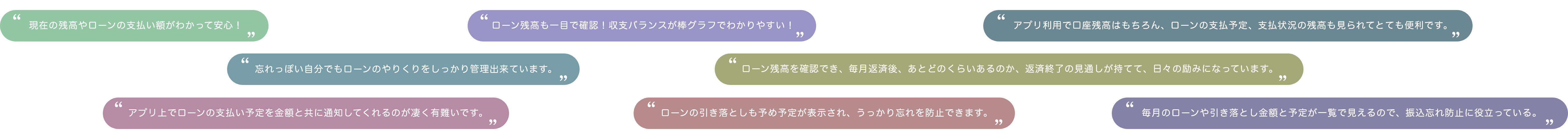 「現在の残高やローンの支払い額がわかって安心！」 「ローン残高も一目で確認！収支バランスが棒グラフでわかりやすい！」 「アプリ利用で口座残高はもちろん、ローンの支払予定、支払状況の残高も見られてとても便利です。」 「忘れっぽい自分でもローンのやりくりをしっかり管理出来ています。」 「ローン残高を確認でき、毎月返済後、あとどのくらいあるのか、返済終了の見通しが持てて、日々の励みになっています。」 「アプリ上でローンの支払い予定を金額と共に通知してくれるのが凄く有難いです。」 「ローンの引き落としも予め予定が表示され、うっかり忘れを防止できます。」 「毎月のローンや引き落とし金額と予定が一覧で見えるので、振込忘れ防止に役立っている。」