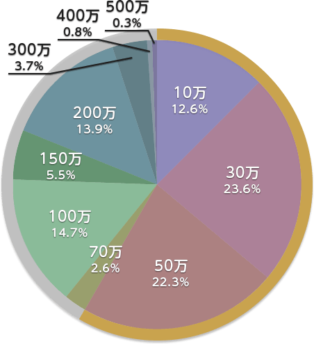 10万12.6％ 30万23.6％ 50万22.3％ 70万2.6％ 100万14.7％ 150万5.5％ 200万13.9％ 300万3.7％ 400万0.8％ 500万0.3％