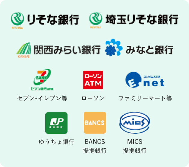 りそな銀行、埼玉りそな銀行、関西みらい銀行、みなと銀行、【ロゴ】セブン銀行ATM【ロゴ】ローソンATM【ロゴ】イーネット【ロゴ】ゆうちょ銀行【ロゴ】BANCS【ロゴ】MICS