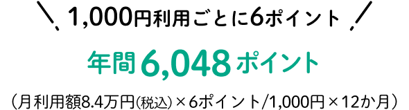 1,000円利用ごとに6ポイント 年間6,048ポイント (月利用額8.4万円(税込)×6ポイント/1,000円×12か月)