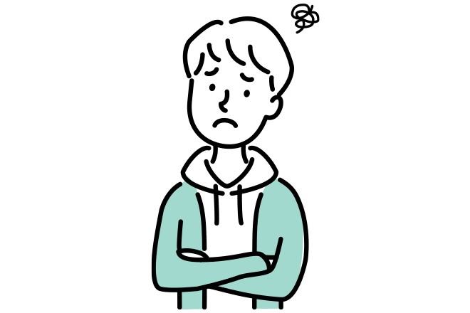 困った表情で腕を組む人物のイラスト