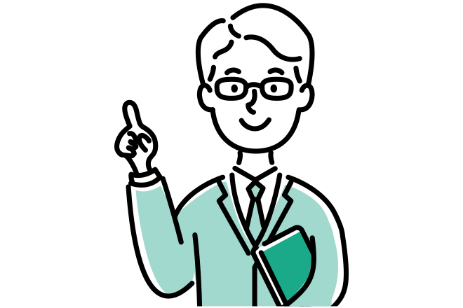 眼鏡をかけた人物が指を立て、書類を抱えている線画イラスト