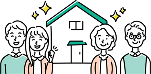 喜んでいる夫婦とその親のイラスト