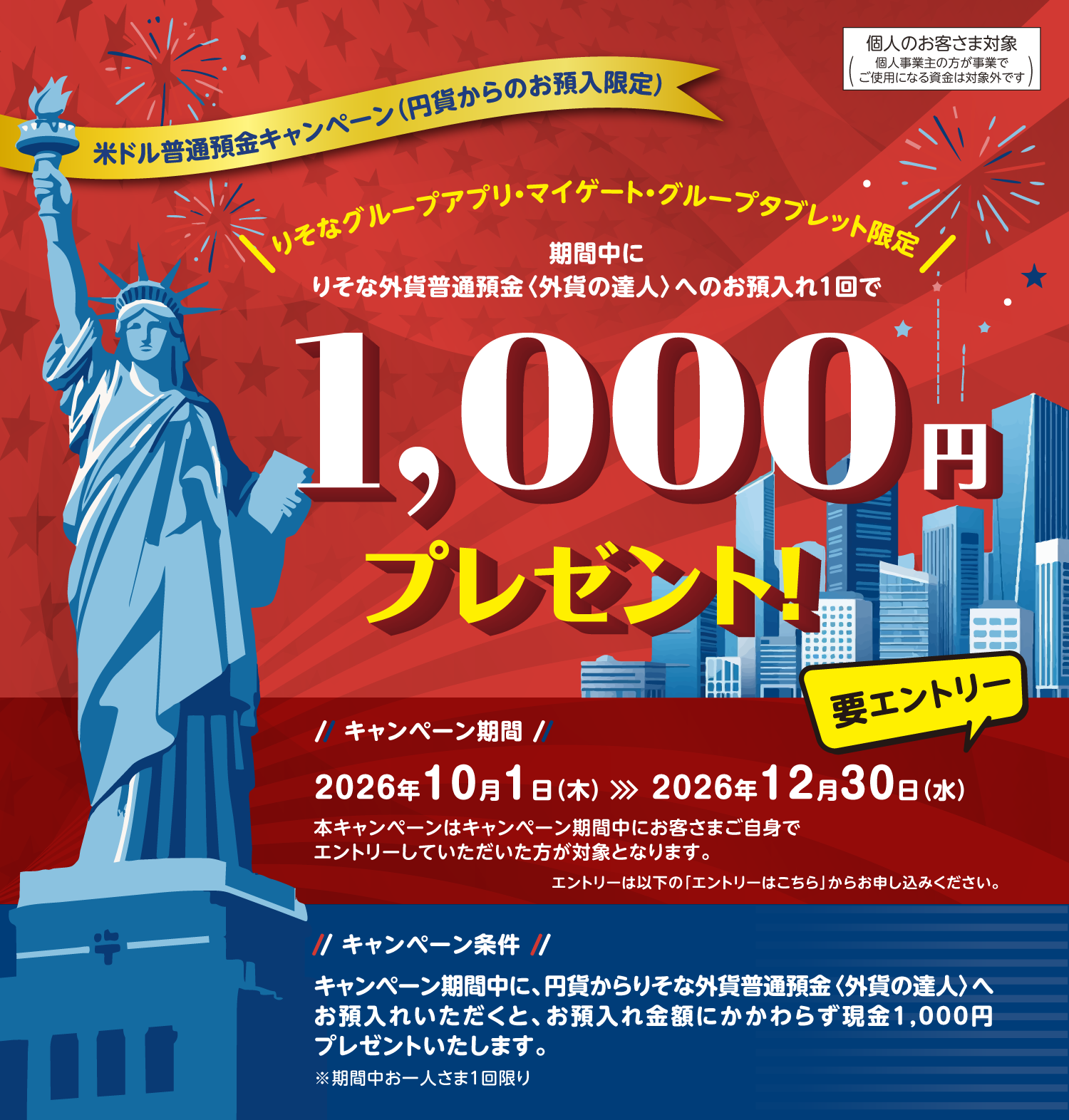 米ドル普通預金キャンペーン。期間中に円貨からりそな外貨普通預金（外貨の達人）へ預入すると、預入金額にかかわらず現金1,000円をプレゼント。2026年10月1日から12月30日まで。要エントリー