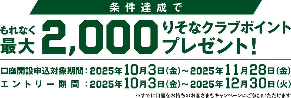 条件達成でもれなく最大2000りそなクラブポイントプレゼント！口座開設申込対象期間：2025年10月3日（金）～2025年11月28日（金） エントリー期間：2025年10月3日（金）～2025年12月30日（火） ※すでに口座をお持ちのお客さまもキャンペーンにご参加いただけます