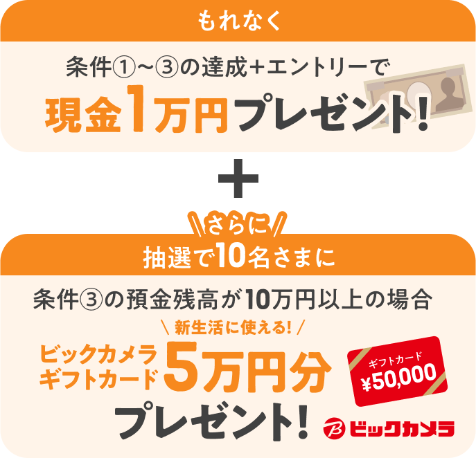 もれなく条件①～③の達成+エントリーで現金1万円プレゼント！さらに抽選で10名様に条件③の預金残高が10万円の場合ビックカメラギフトカード5万円分プレゼント！