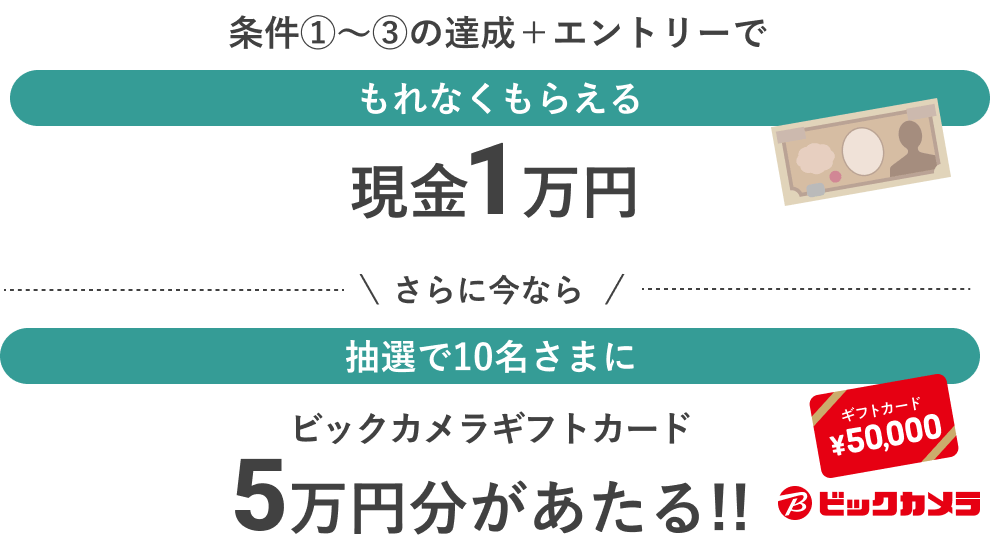 条件①～③の達成＋エントリーでもれなくもらえる現金1万円 さらに今なら抽選で10名さまにビックカメラギフトカード5万円分があたる!!