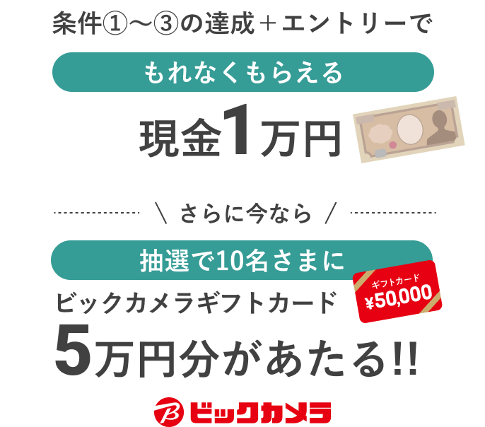 条件①～③の達成＋エントリーでもれなくもらえる現金1万円 さらに今なら抽選で10名さまにビックカメラギフトカード5万円分があたる!!