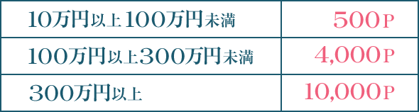 10万円以上100万円未満 500P 100万円以上300万円未満 4,000P 300万円以上 10,000P