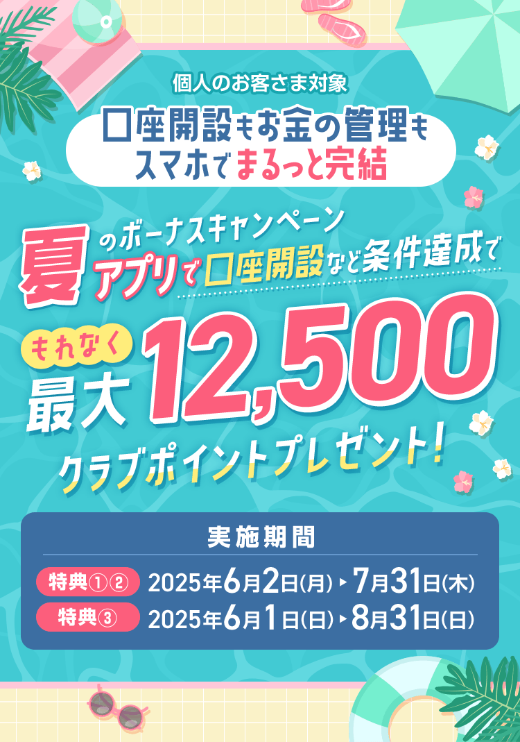 個人のお客さま対象 口座開設もお金の管理もスマホでまるっと完結 夏のボーナスキャンペーン アプリで口座開設など条件達成で もれなく最大12500クラブポイントプレゼント! 実施期間 特典①②2025年6月2日～7月31日 特典③2025年6月1日～8月31日