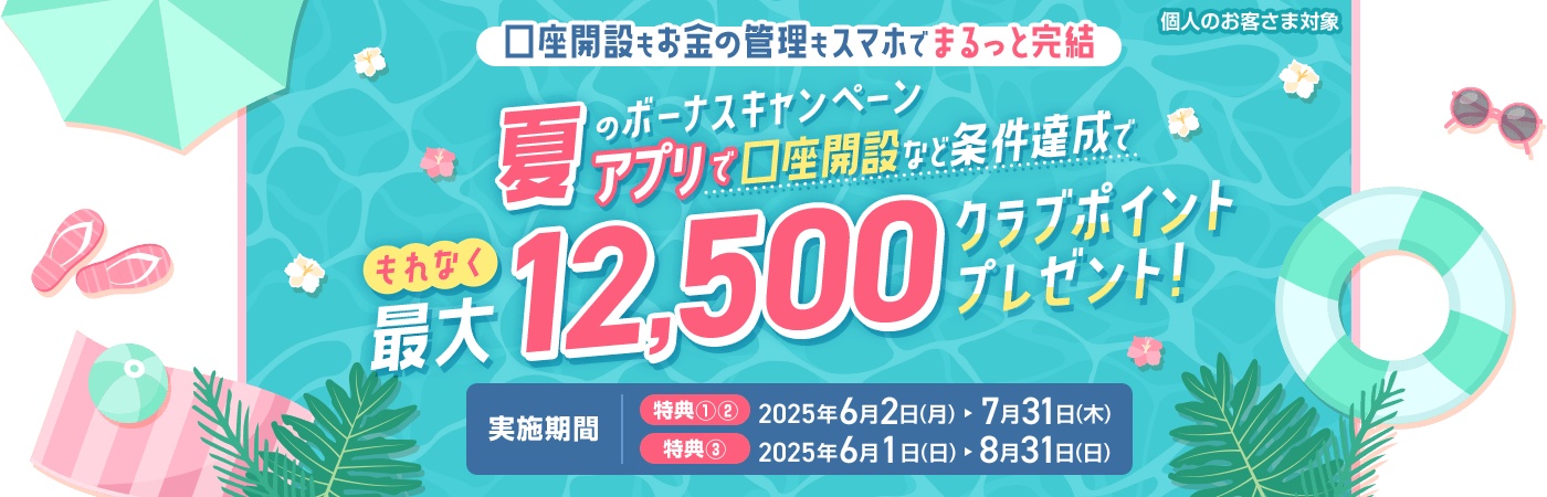 個人のお客さま対象 口座開設もお金の管理もスマホでまるっと完結 夏のボーナスキャンペーン アプリで口座開設など条件達成で もれなく最大12500クラブポイントプレゼント! 実施期間 特典①②2025年6月2日～7月31日 特典③2025年6月1日～8月31日