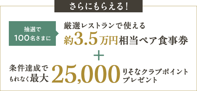 さらにもらえる！ 抽選で100名さまに厳選レストランで使える約3.5万円相当ペア食事券 + 条件達成でもれなく最大25,000りそなクラブポイント プレゼント