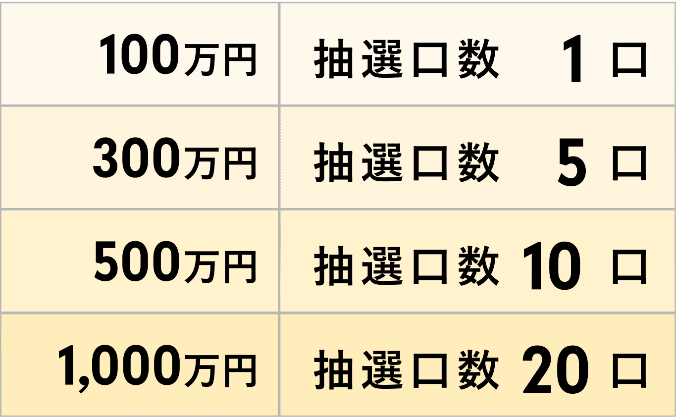 100万円 抽選口数1口 / 300万円 抽選口数5口 / 500万円 抽選口数10口 / 1,000万円 抽選口数20口