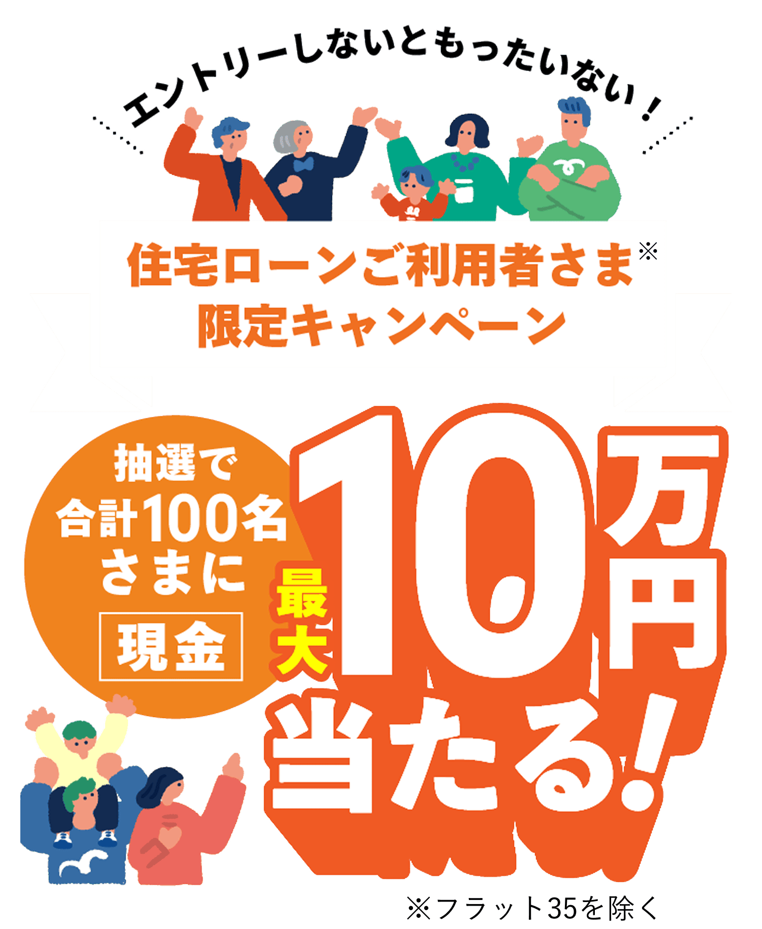 エントリーしないともったいない！ 住宅ローンご利用者さま※ 限定キャンペーン 抽選で合計100名さまに 現金 最大10万円当たる！ ※フラット35を除く