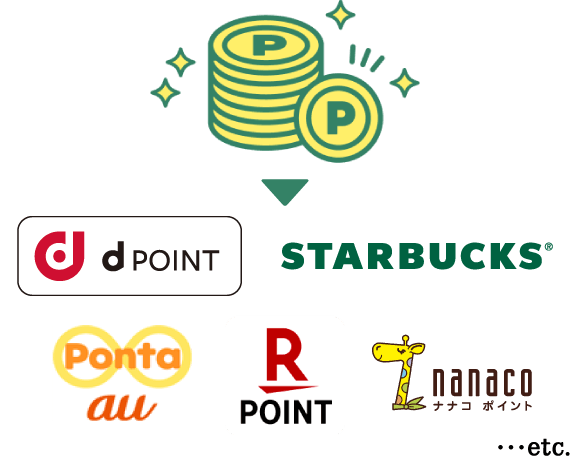 【ロゴ】d point【ロゴ】STARBUCKS【ロゴ】Ponta au【ロゴ】楽天ポイント【ロゴ】nanaco etc.