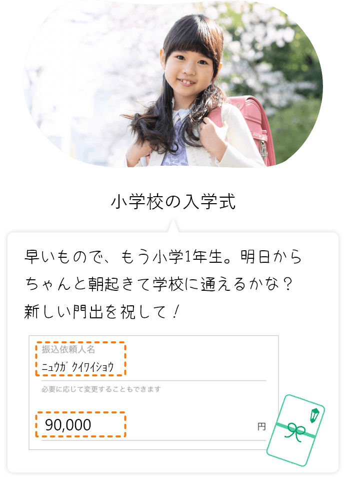 小学校の入学式 早いもので、もう小学1年生。 明日からちゃんと朝起きして学校に通えるかな?新しい門出を祝して! 振込依頼人名ニュウカクイワイショウ 必要に応じて変更することもできます 90,000円