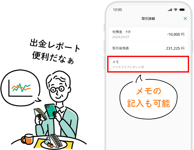 グループアプリ内画面、メモの記入も可能、出金レポート便利だな