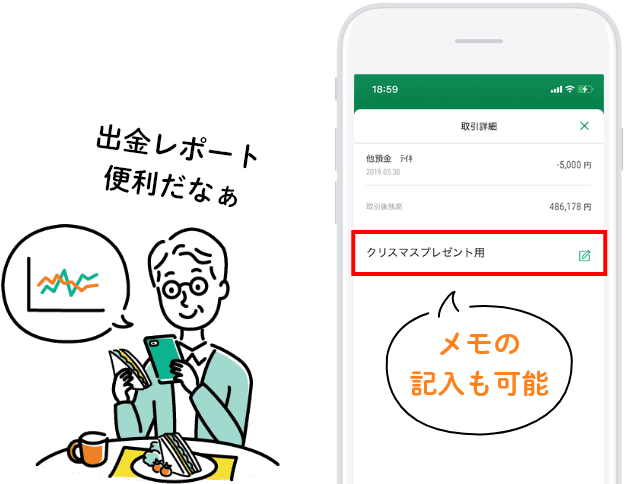 グループアプリ内画面、メモの記入も可能、出金レポート便利だな