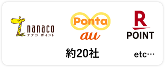 【ロゴ】nanaco ナナコ ポイント【ロゴ】Ponta au【ロゴ】楽天ポイント etc… 約20社