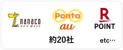 【ロゴ】nanaco ナナコ ポイント【ロゴ】Ponta au【ロゴ】楽天ポイント etc… 約20社