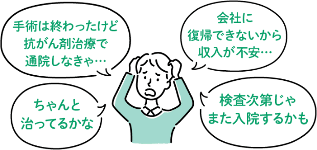 ちゃんと治ってるかな 手術は終わったけど抗がん剤治療で通院しなきゃ… 会社に復帰できないから収入が不安… 検査次第じゃまた入院するかも