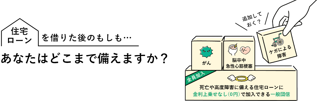 住宅ローンを借りた後のもしも・・・あなたはどこまで備えますか？ がん 脳梗塞 心筋梗塞 ケガによる障害 死亡や高度障害に備える住宅ローンに金利上乗せなし（0円）で加入できる一般団信