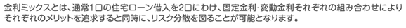 金利ミックスとは、通常1口の住宅ローン借入を2口にわけ、固定金利・変動金利それぞれの組み合わせによりそれぞれのメリットを追求すると同時にリスク分散を図ることが可能となります