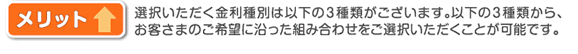 選択いただく金利種別は以下の3種類がございます。以下の3種類からお客様のご要望に沿った組み合わせをご選択いただくことが可能です。