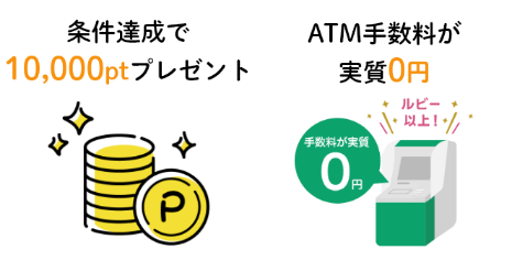 条件達成で10,000ptプレゼント・ATM手数料が実質0円