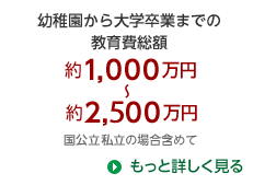 幼稚園から大学卒業までの教育費総額 約1,000万円～約2,500万円 国公立私立の場合含めて もっと詳しく見る