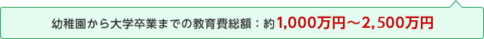 幼稚園から大学卒業までの教育費総額：約1,000万円～2,500万円