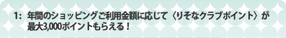 1:年間のショッピングご利用金額に応じて〈りそなクラブポイント〉が最大3,000ポイントもらえる！