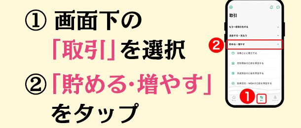 ① 画面下の「取引」を選択 ②「貯める・増やす」をタップ