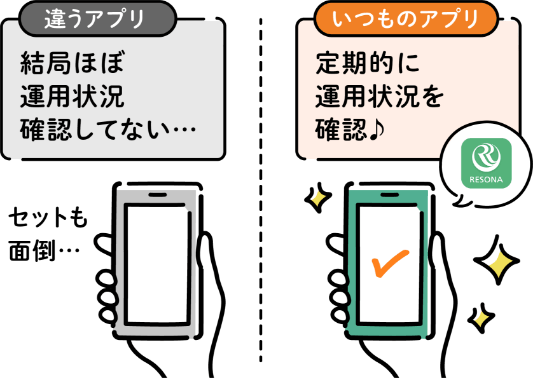 違うアプリ⇒結局ほぼ運用状況確認してない… セットも面倒…　いつものアプリ⇒定期的に運用状況を確認♪