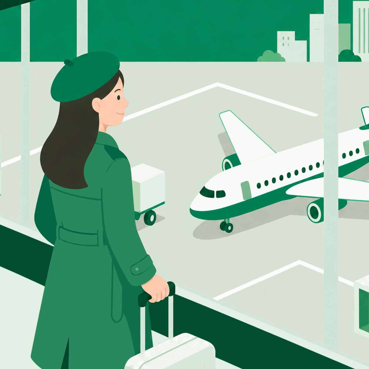 空港で飛行機を眺める様子
