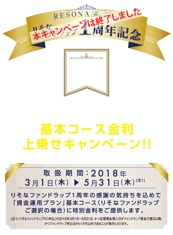 りそなファンドラップ1周年記念 資金運用プラン 基本コース金利上乗せキャンペーン!!  取扱期間：2018年3月1日(水)~5月31日(木)